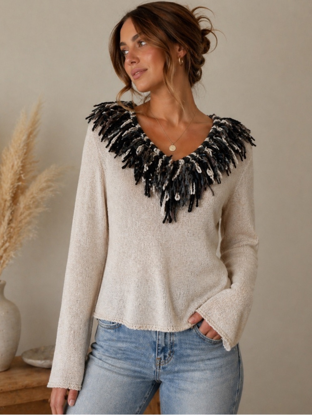 Susan Bristol Silk Blend Boho Fringe Sweater V Neck Neutral PM Medium Petite NWT